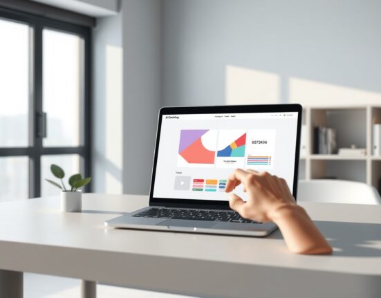 Claude Design AI tool in use for creating visual prototypes on a laptop in a modern office setting.