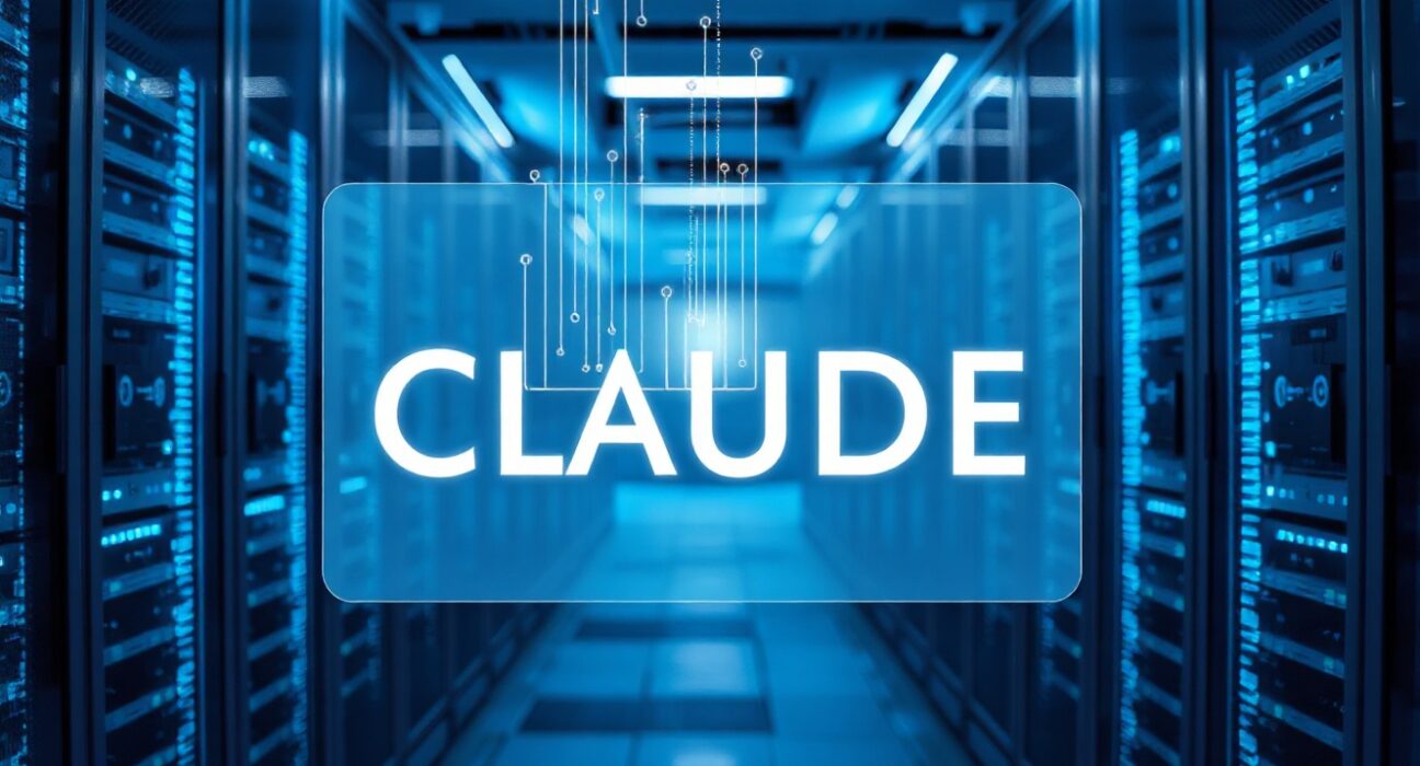 Data center interior with holographic Claude interface representing Anthropic's AI model launch.