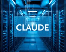 Data center interior with holographic Claude interface representing Anthropic's AI model launch.