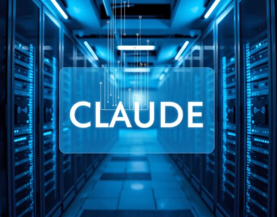 Data center interior with holographic Claude interface representing Anthropic's AI model launch.