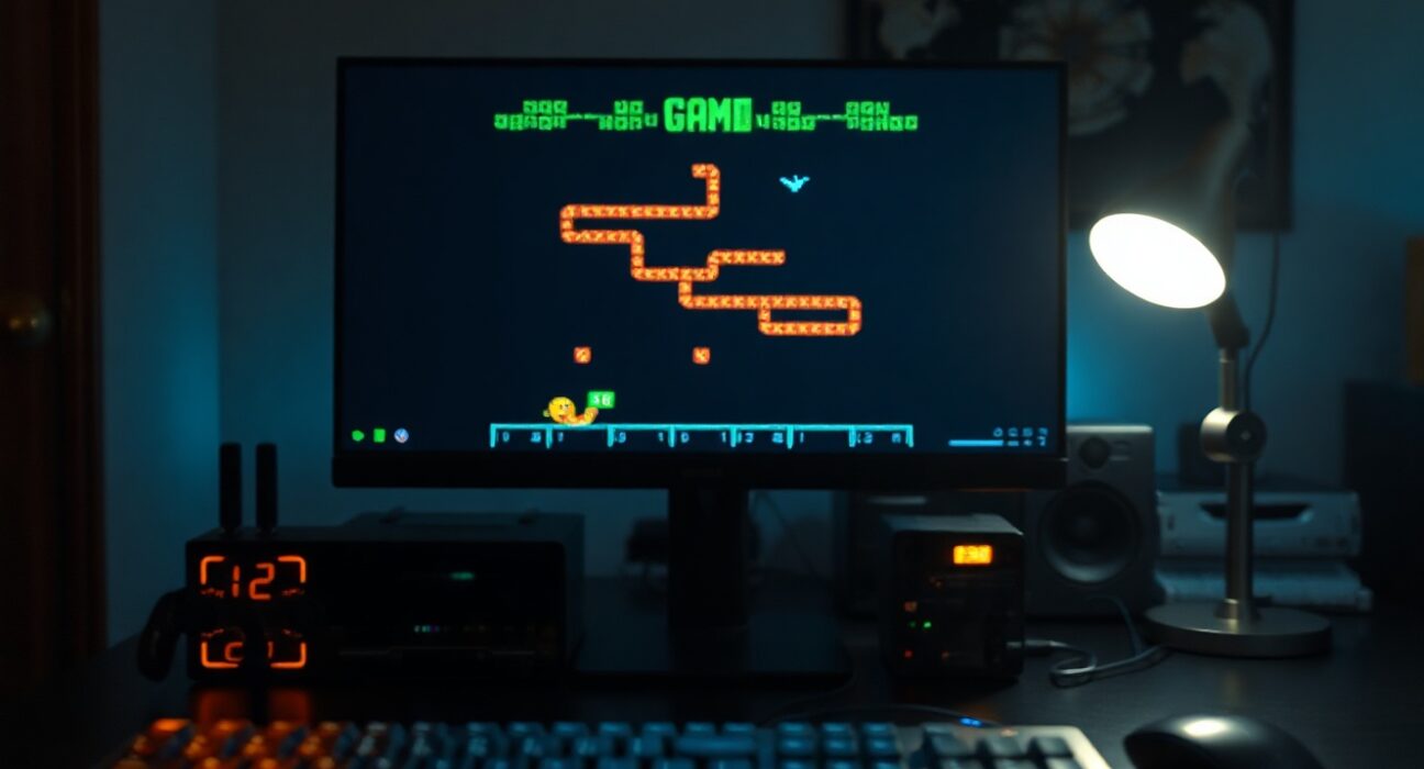 Computer monitor displaying a retro pixelated video game generated by AI, with keyboard in foreground.