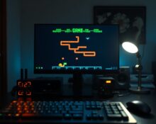 Computer monitor displaying a retro pixelated video game generated by AI, with keyboard in foreground.