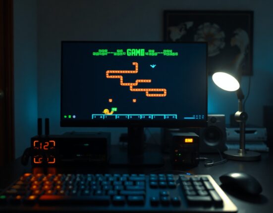 Computer monitor displaying a retro pixelated video game generated by AI, with keyboard in foreground.