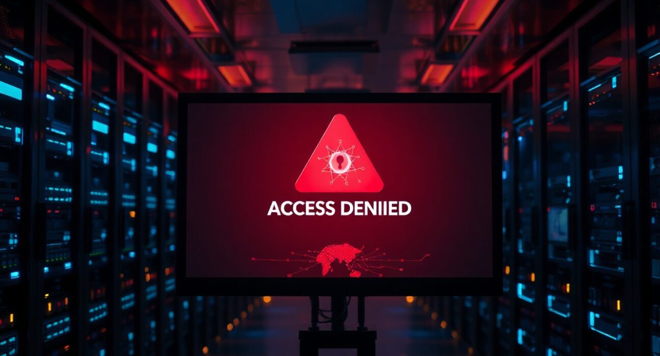 Data center with red access denied screen symbolizing AI model shutdown