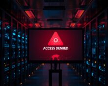 Data center with red access denied screen symbolizing AI model shutdown