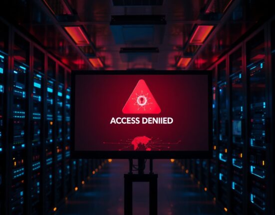 Data center with red access denied screen symbolizing AI model shutdown