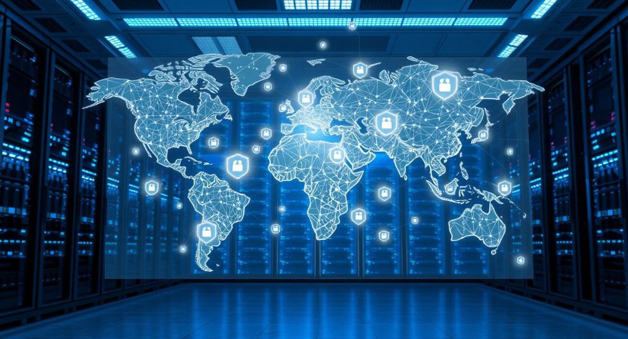 Holographic world map with security shields in a data center control room representing global critical infrastructure protection.