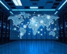 Holographic world map with security shields in a data center control room representing global critical infrastructure protection.