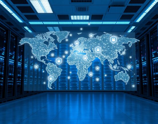 Holographic world map with security shields in a data center control room representing global critical infrastructure protection.