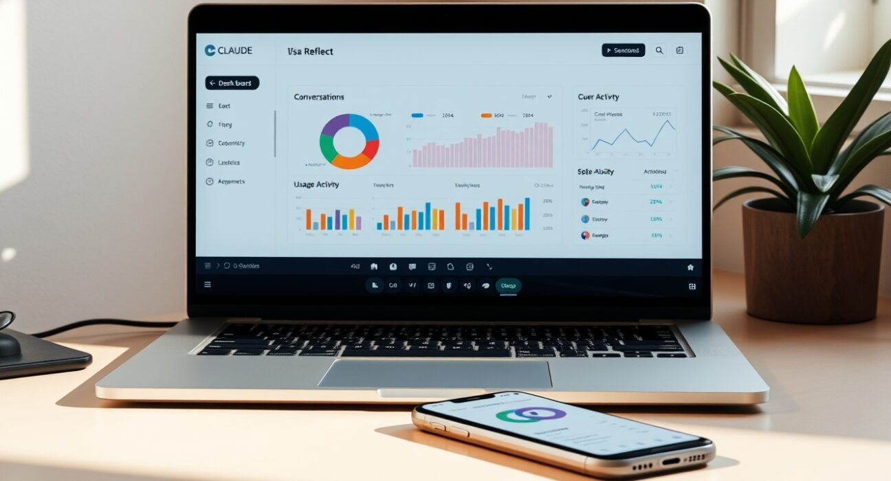 Claude Reflect dashboard on a laptop showing AI usage analytics and charts in a home office setting.