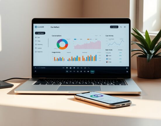 Claude Reflect dashboard on a laptop showing AI usage analytics and charts in a home office setting.