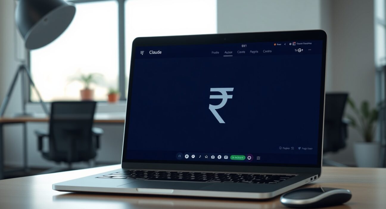 Laptop showing Claude AI pricing in Indian rupees in a Bengaluru office