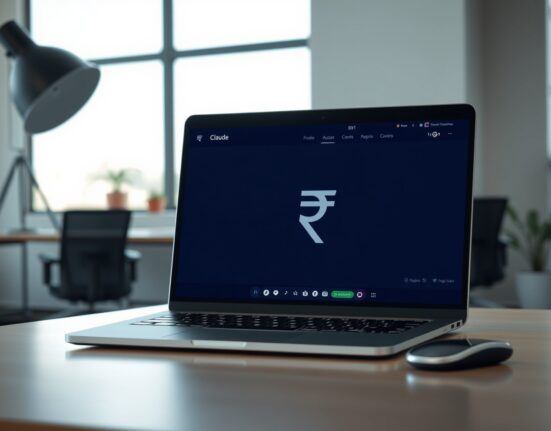 Laptop showing Claude AI pricing in Indian rupees in a Bengaluru office