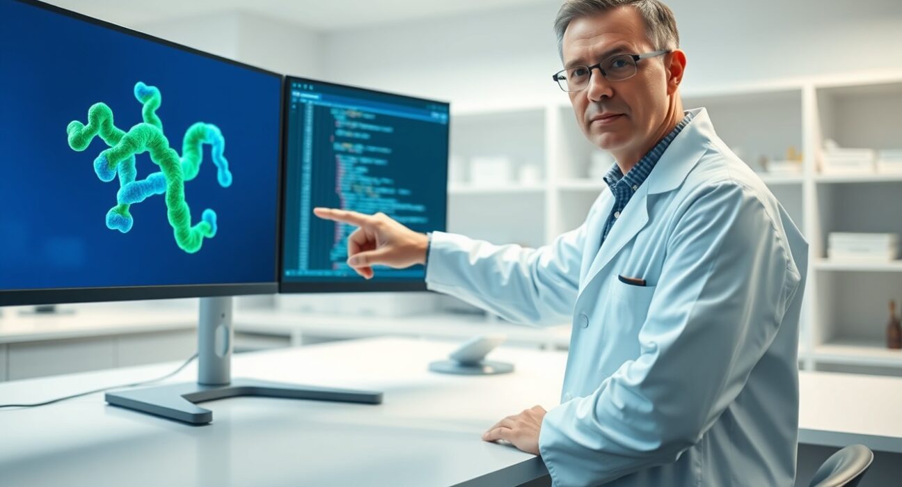 Scientist in a lab using a computer displaying a 3D protein structure and AI chat interface.