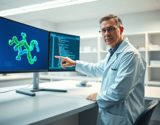 Scientist in a lab using a computer displaying a 3D protein structure and AI chat interface.