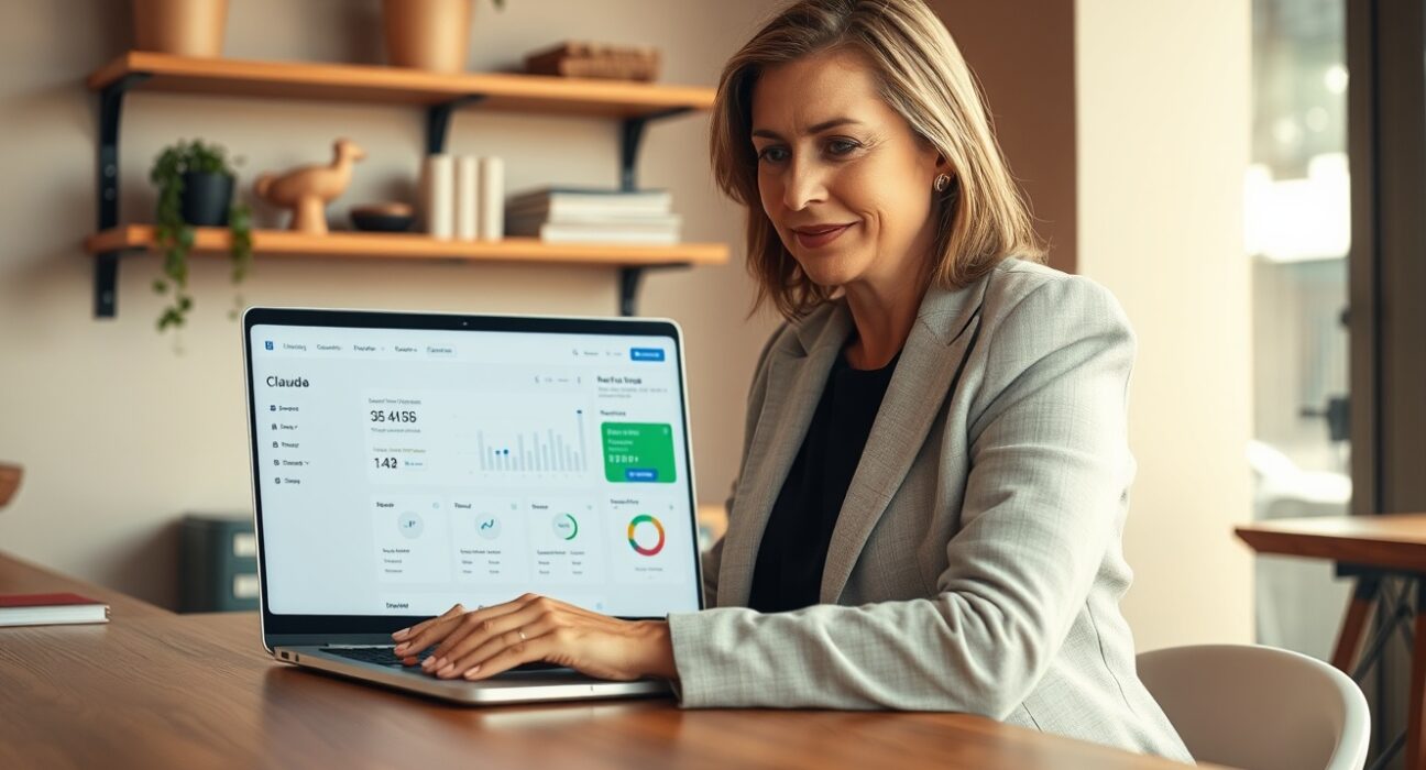 Small business owner using Claude AI tools on a laptop in a cozy office setting