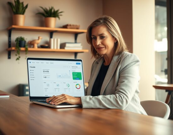 Small business owner using Claude AI tools on a laptop in a cozy office setting