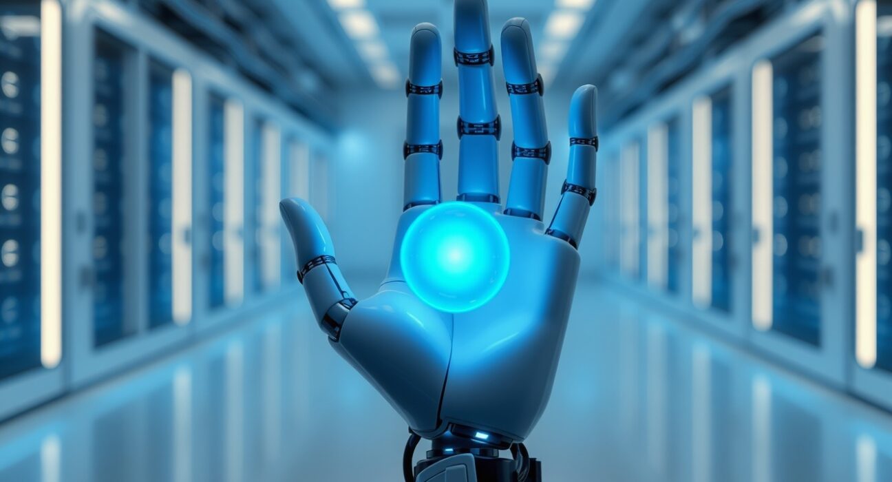 Robotic hand holding a glowing blue orb in a tech lab, representing Claude Sonnet 5 AI