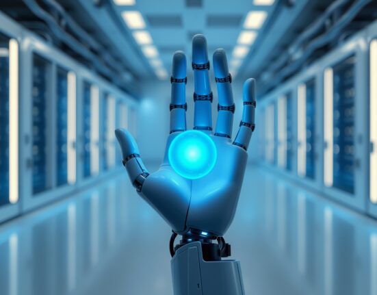 Robotic hand holding a glowing blue orb in a tech lab, representing Claude Sonnet 5 AI