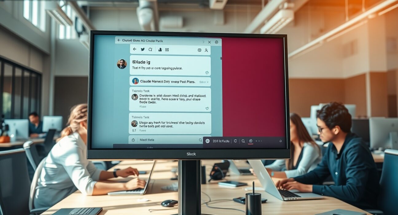 Office team collaborating with Slack open showing Claude Tag AI integration on a monitor