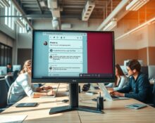 Office team collaborating with Slack open showing Claude Tag AI integration on a monitor