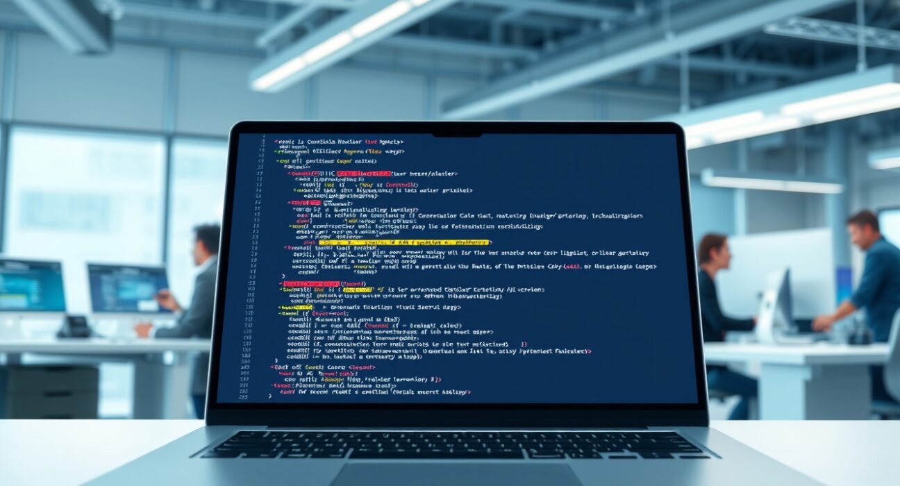 Anthropic's AI Code Review tool analyzing software code on a developer's laptop screen.
