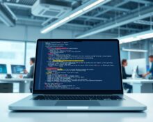 Anthropic's AI Code Review tool analyzing software code on a developer's laptop screen.