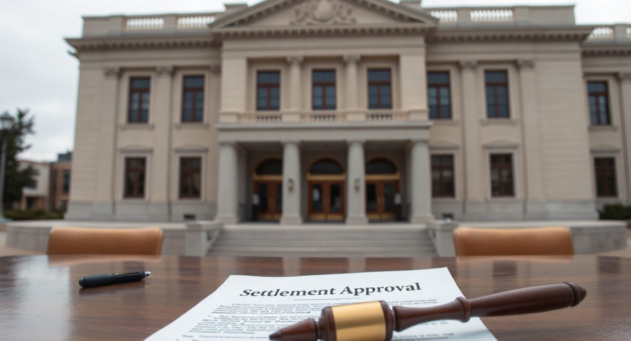 Federal courthouse in San Francisco with a settlement document and gavel in foreground