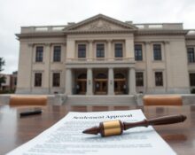 Federal courthouse in San Francisco with a settlement document and gavel in foreground