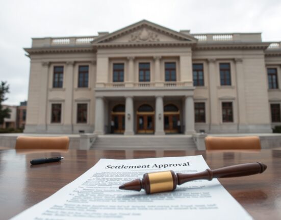 Federal courthouse in San Francisco with a settlement document and gavel in foreground