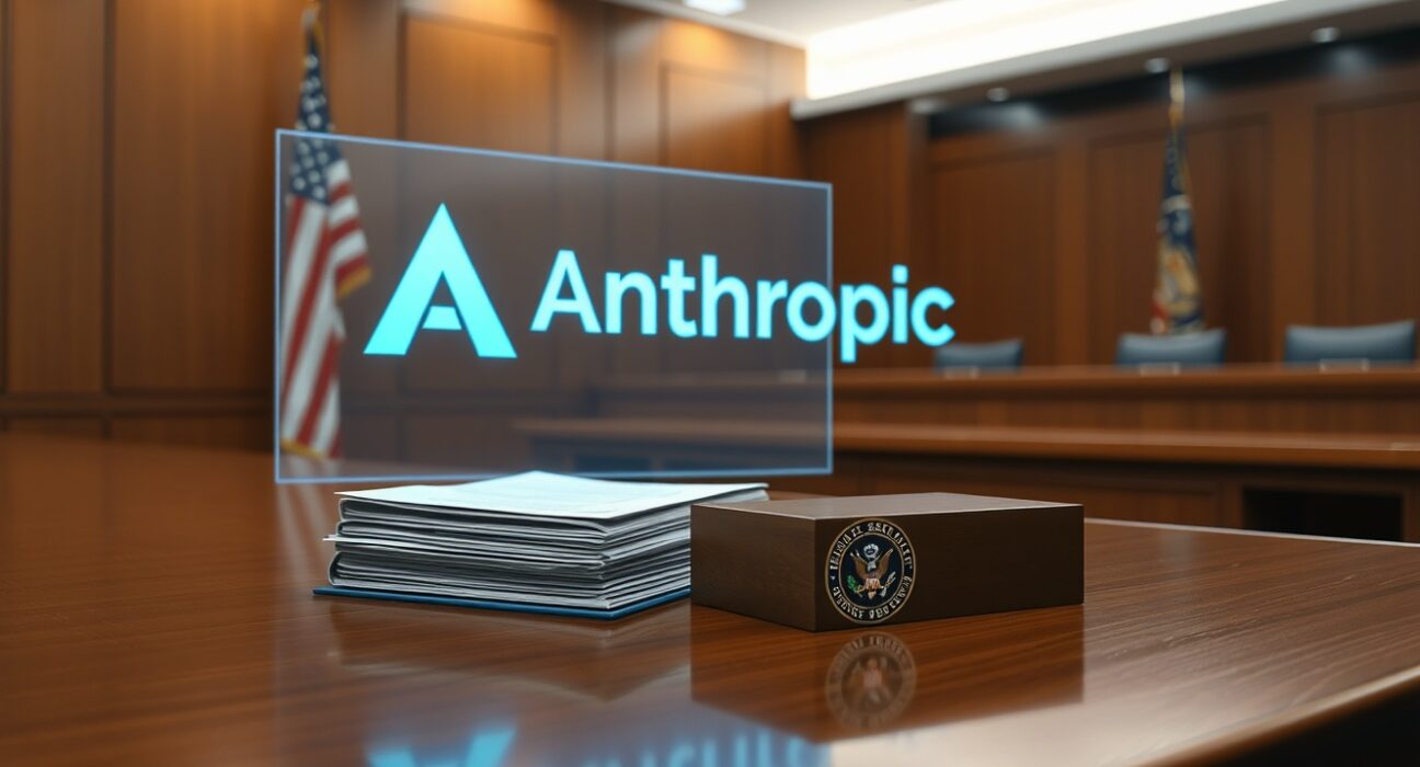 Courtroom scene representing the Anthropic DOD lawsuit over AI supply chain risk designation