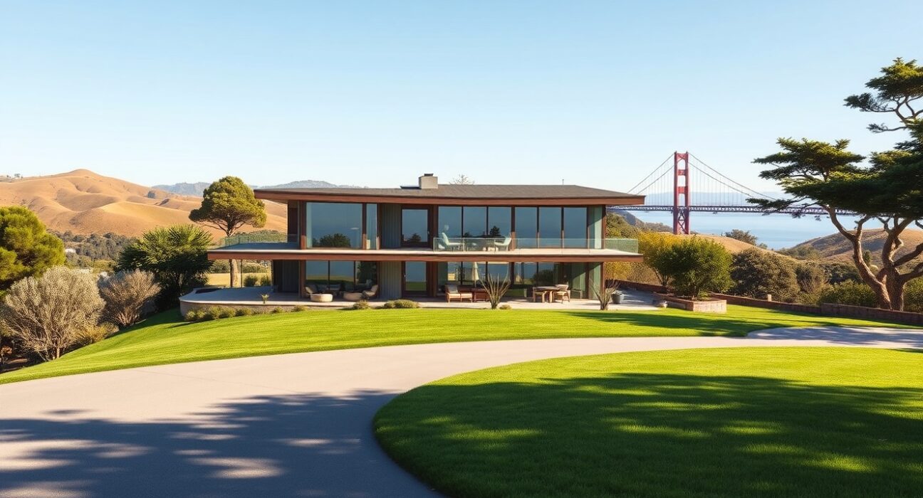 Aerial view of a luxury Mill Valley home offered in exchange for Anthropic equity, showcasing Bay Area real estate and AI startup wealth.