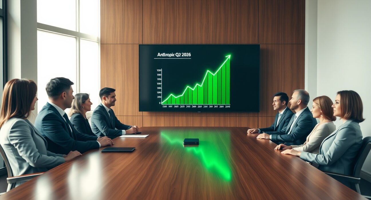 Executives in a boardroom viewing an Anthropic revenue growth chart on a large screen