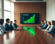 Executives in a boardroom viewing an Anthropic revenue growth chart on a large screen