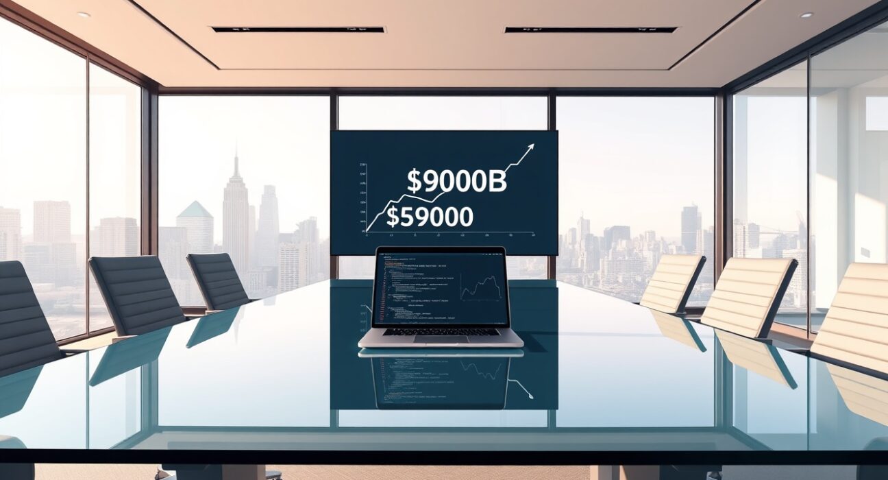 Anthropic fundraise boardroom with Claude AI interface and $900B valuation chart