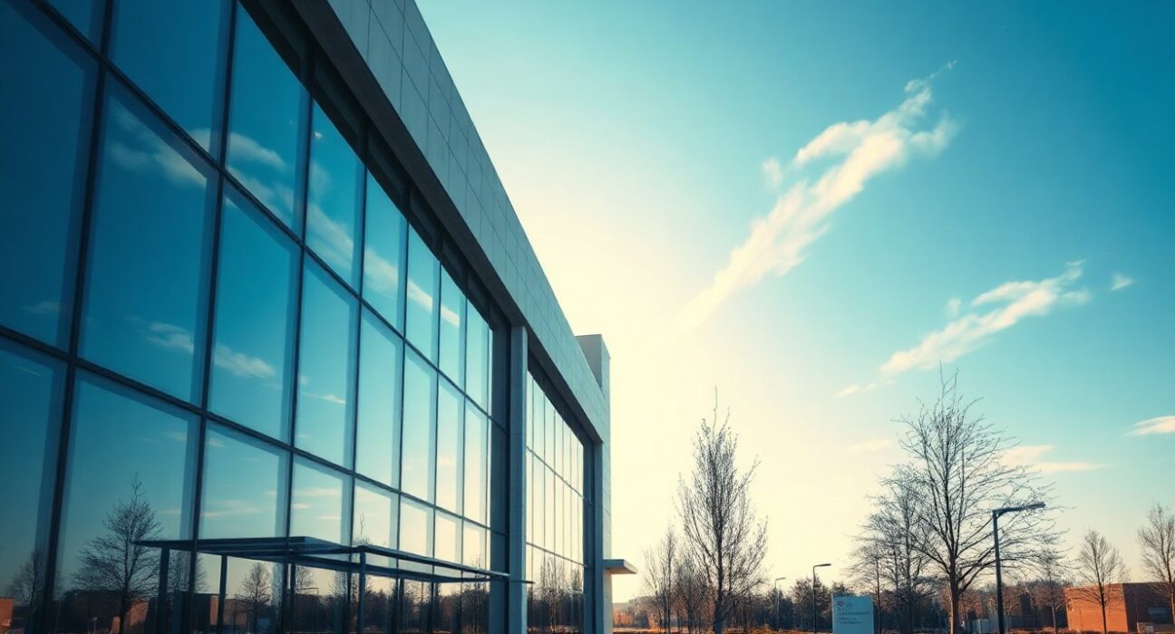 Modern tech office building with a clean sky, representing Anthropic's first climate deal with Frontier carbon removal coalition.