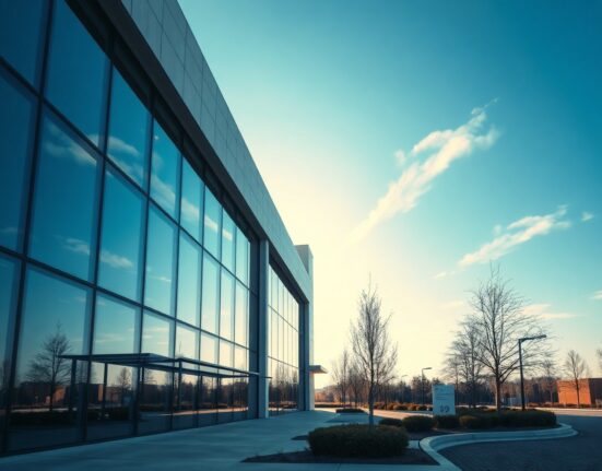 Modern tech office building with a clean sky, representing Anthropic's first climate deal with Frontier carbon removal coalition.