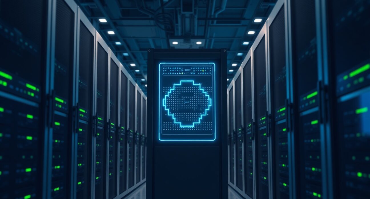 Anthropic Mythos AI model powering cybersecurity defense in a modern data center.