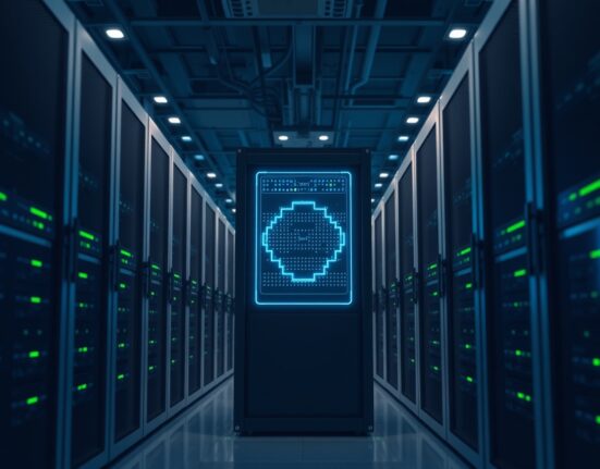 Anthropic Mythos AI model powering cybersecurity defense in a modern data center.