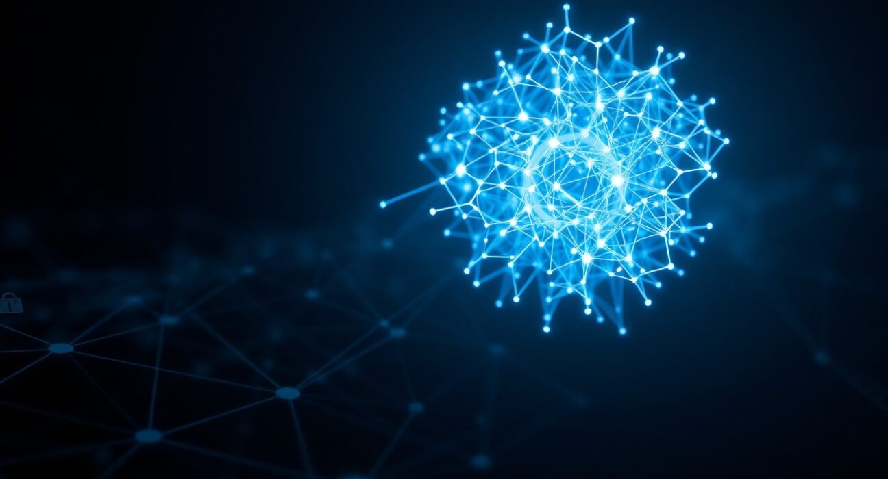 Anthropic Mythos AI neural network core representing a threat to DeFi and blockchain security systems.