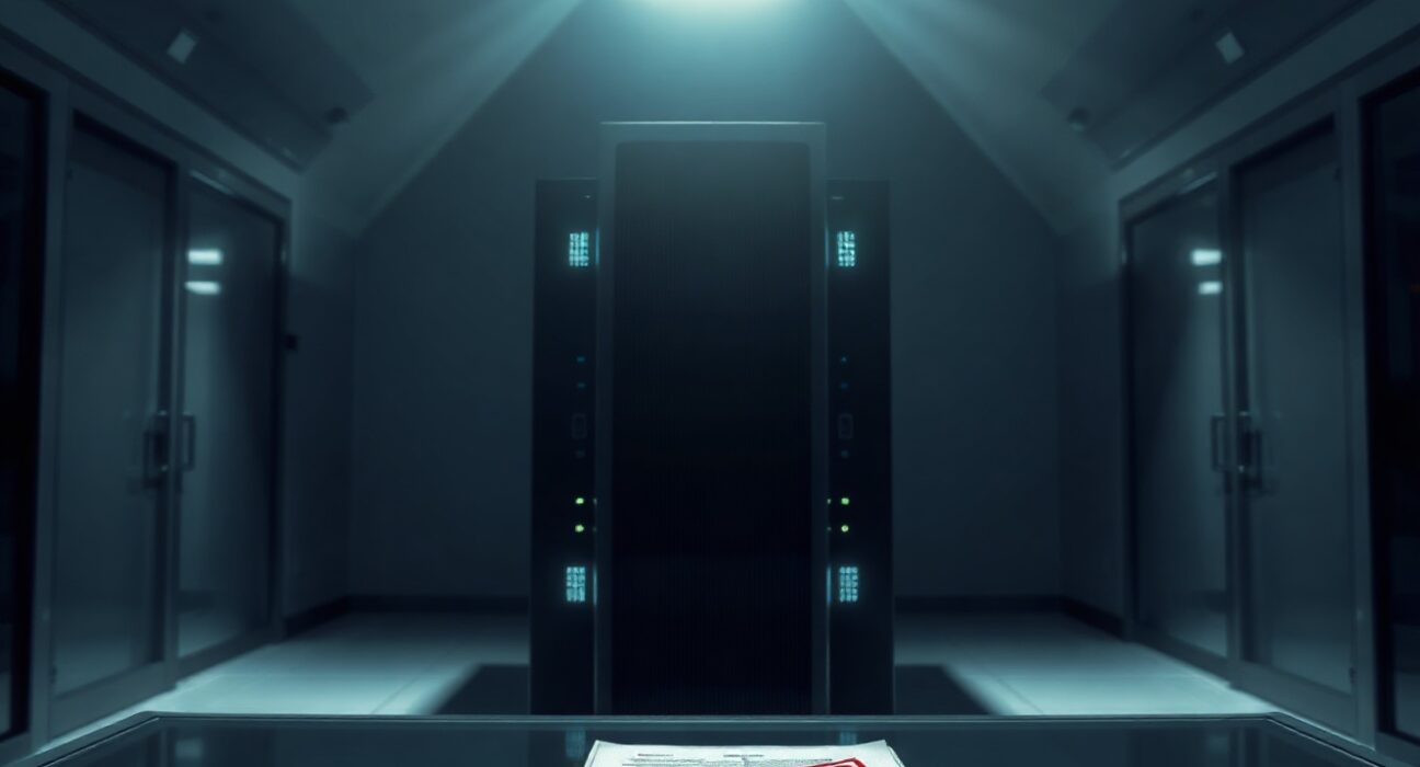 Government office with classified document and server rack symbolizing AI export control restrictions