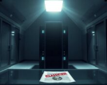 Government office with classified document and server rack symbolizing AI export control restrictions