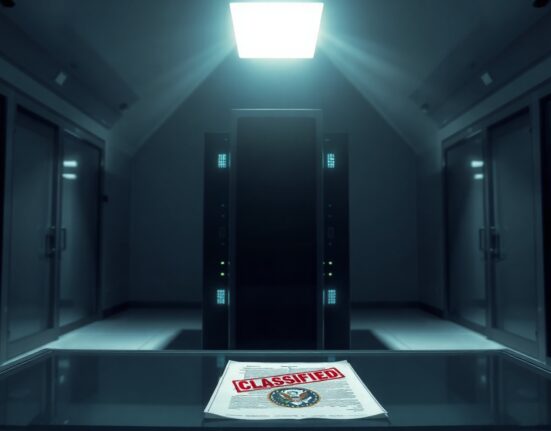 Government office with classified document and server rack symbolizing AI export control restrictions