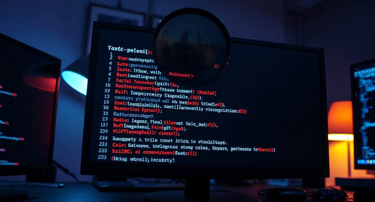 Firefox browser interface with magnifying glass over code showing vulnerabilities in a security lab
