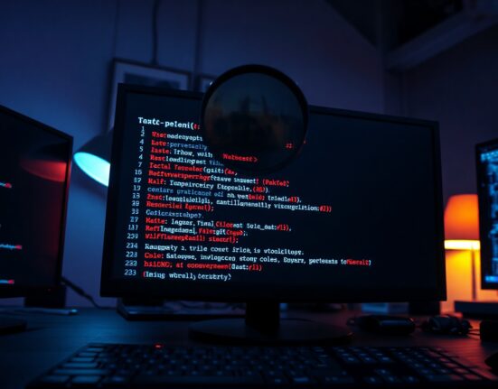 Firefox browser interface with magnifying glass over code showing vulnerabilities in a security lab