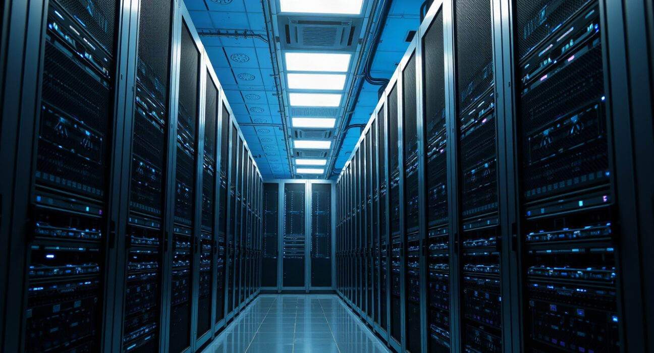 Interior of a modern data center with rows of server racks, representing AI compute infrastructure.