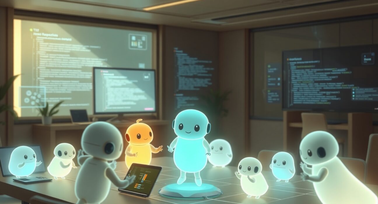 Anthropic Opus 4.6 AI agents collaborating on complex tasks in a futuristic digital workspace