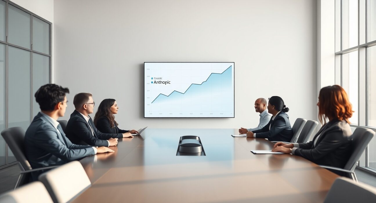 Business professionals in a modern conference room viewing a chart comparing Anthropic and OpenAI adoption.