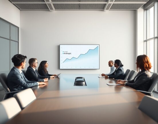 Business professionals in a modern conference room viewing a chart comparing Anthropic and OpenAI adoption.