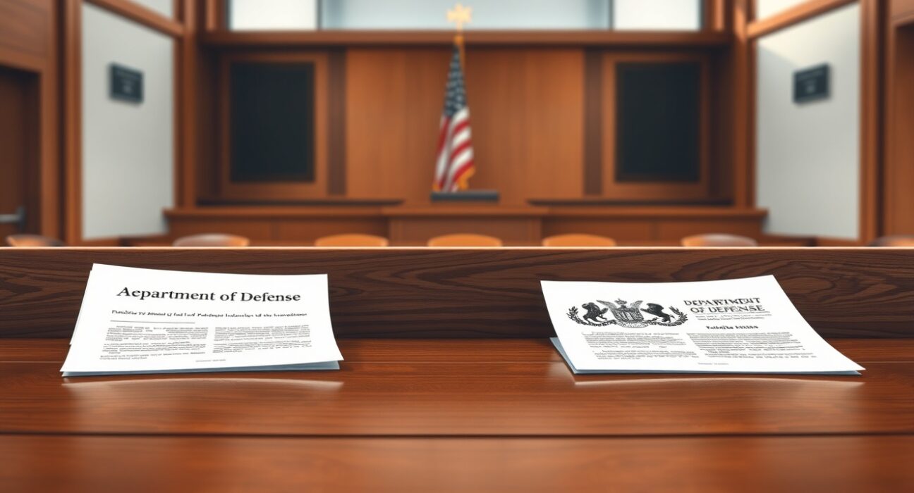 Anthropic Pentagon lawsuit courtroom scene with legal documents in San Francisco federal court